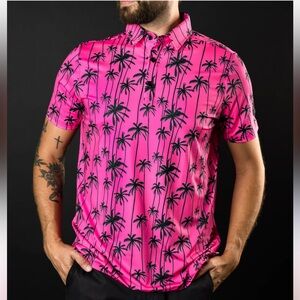 Sunday Swagger Sizzlin’ Palm Tree Golf Polo Hot Pink with Black Palm Trees 2XL